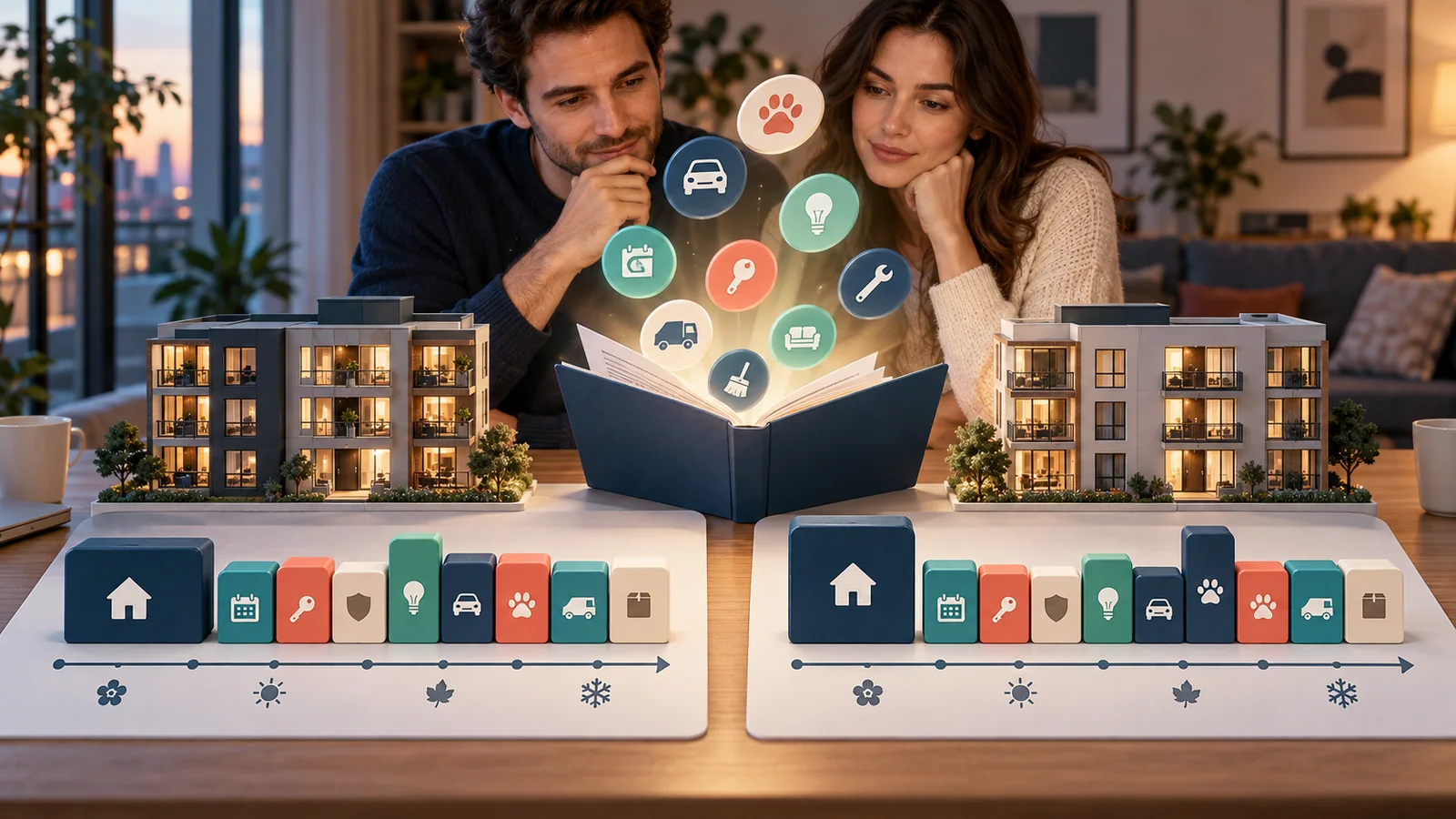 Two rental options compared across a timeline of application, move-in, monthly, and exit costs